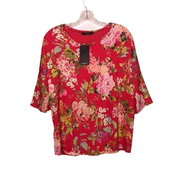 Mango Seasonal Style Soft Comfy Floral Red Relaxed Chic Top Raglan Sleeve Blouse - Picture 1 of 5